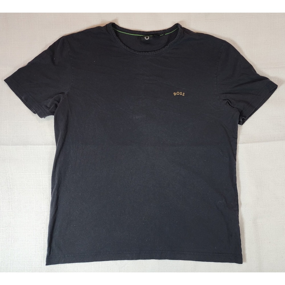 BOSS Hugo Boss Mens Cotton Jersey Curved Logo T-Shirt Black Gold Size L